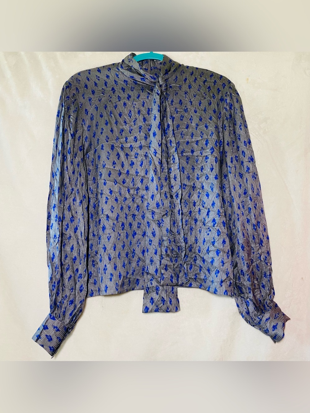 Mary Ann Restivo Purple and Gray Printed Tie-Neck Blouse SZ 8